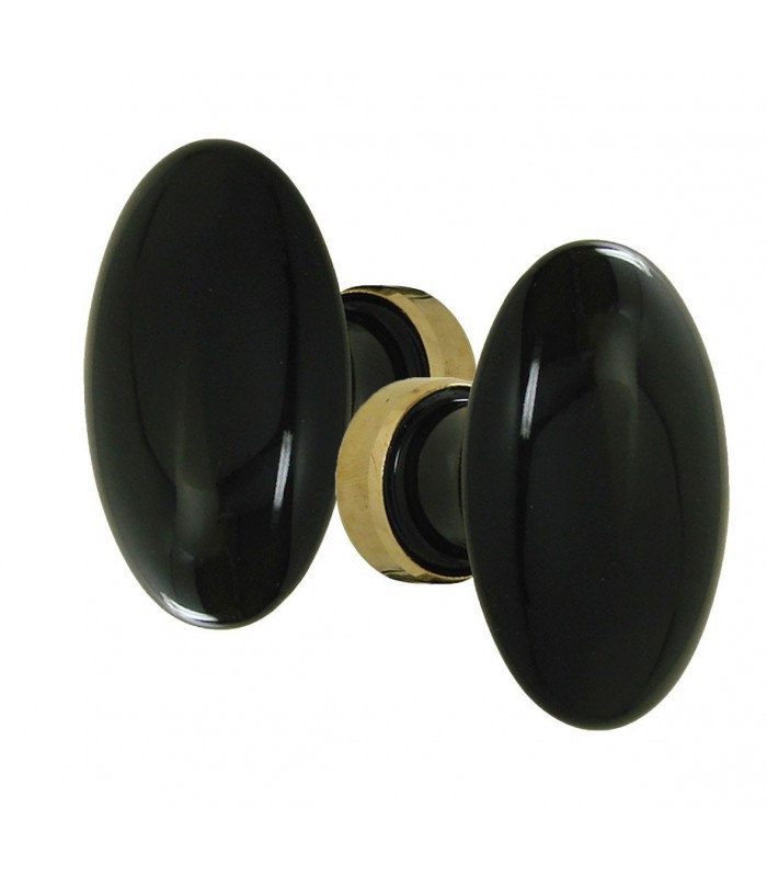 Poignée double OVALE pour porte intérieure porcelaine de LIMOGES Noir  brillant sur laiton poli - 1001poignées - Votre spécialiste de la poignée  de porte